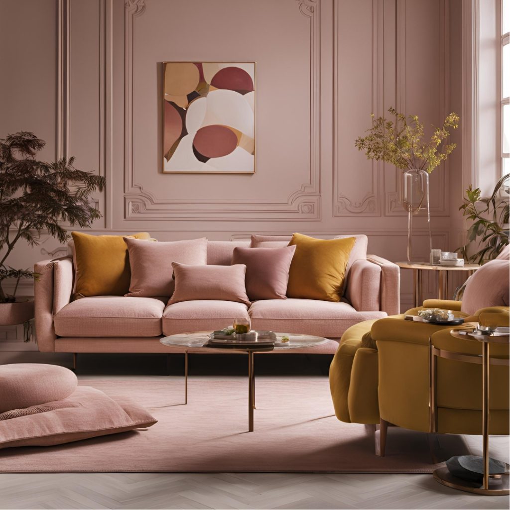 Elegant living room featuring a luxurious handcrafted sofa in soft blush pink, accented with mustard yellow pillows. The setup includes a modern round coffee table, a mustard armchair, abstract wall art, and lush greenery, creating a sophisticated and cozy ambiance.By Jai Bhairav Art and Craft